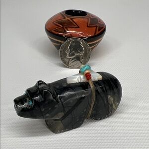 Handcrafted Picasso Stone Bear Figurine with turquoise accents.